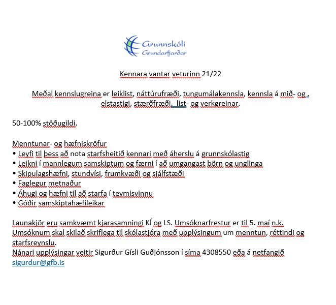 Laus staða kennara - Umsóknarfrestur framlengdur til 15.maí