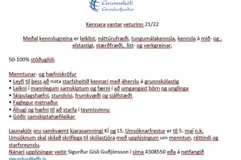 Laus staða kennara - Umsóknarfrestur framlengdur til 15.maí